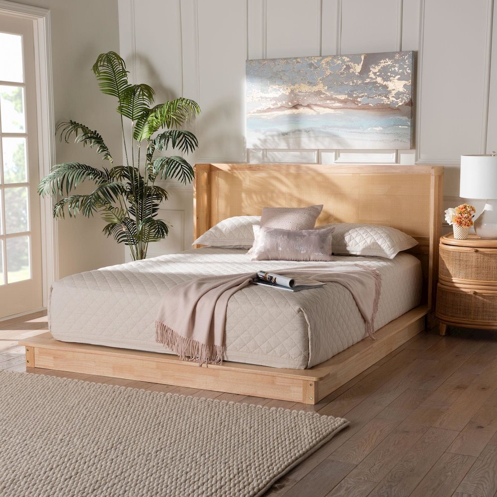 Glennis Japandi Natural Brown Wood Queen Size Platform Bed with Woven Rattan