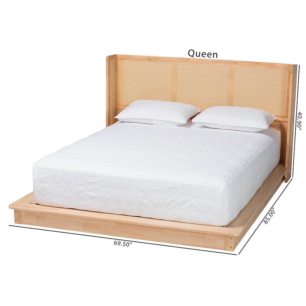 Glennis Japandi Natural Brown Wood Queen Size Platform Bed with Woven Rattan