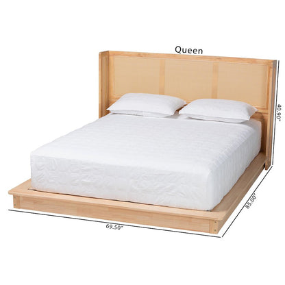 Glennis Japandi Natural Brown Wood Queen Size Platform Bed with Woven Rattan