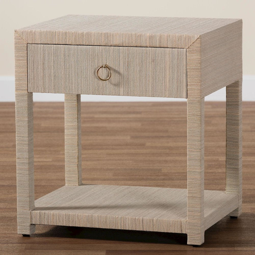 Nata Bohemian Woven Natural Grasscloth 1-Drawer Nightstand