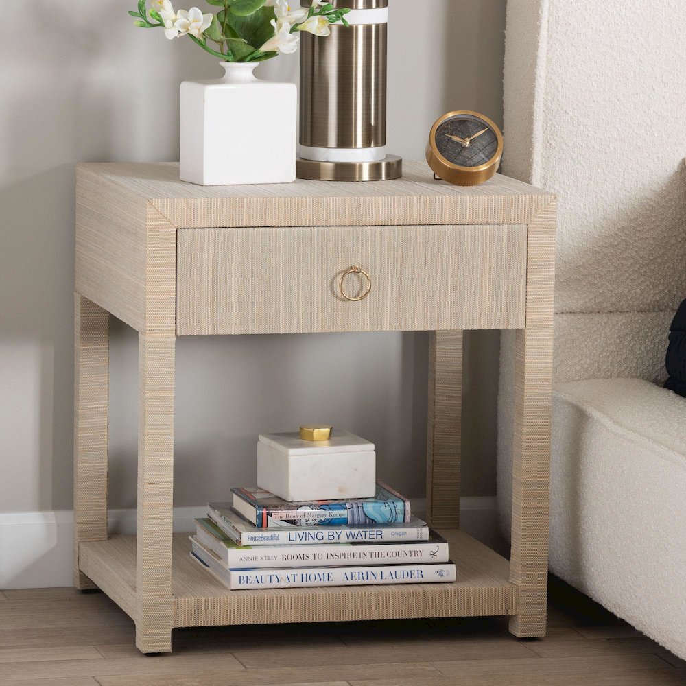 Nata Bohemian Woven Natural Grasscloth 1-Drawer Nightstand