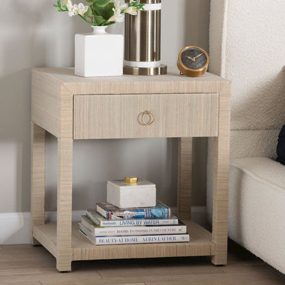 Nata Bohemian Woven Natural Grasscloth 1-Drawer Nightstand