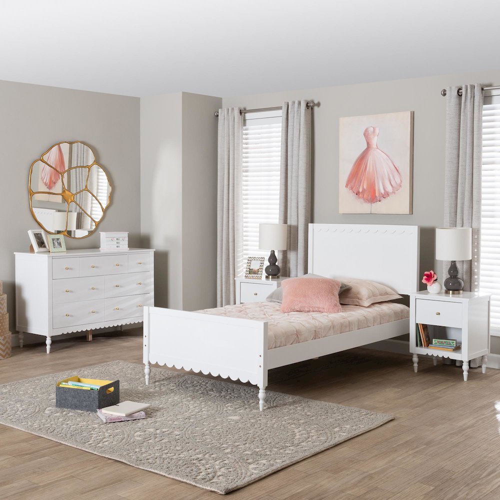 Roni Modern White Scalloped Wood 4-Piece Twin Bedroom Set with Two Nightstands