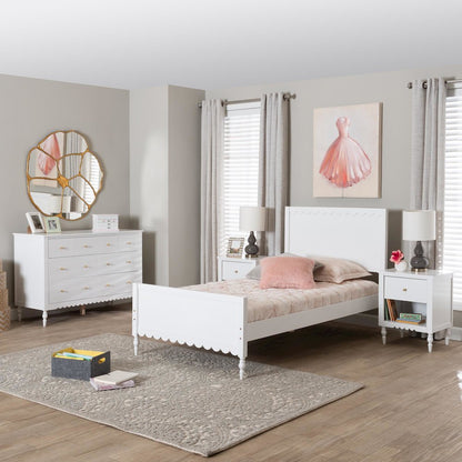 Roni Modern White Scalloped Wood 4-Piece Twin Bedroom Set with Two Nightstands