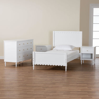 Roni Modern White Scalloped Wood 4-Piece Twin Bedroom Set with Two Nightstands