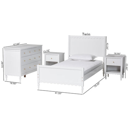 Roni Modern White Scalloped Wood 4-Piece Twin Bedroom Set with Two Nightstands