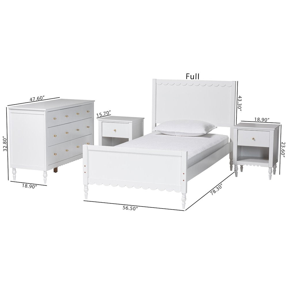 Roni Modern White Scalloped Wood 4-Piece Twin Bedroom Set with Two Nightstands