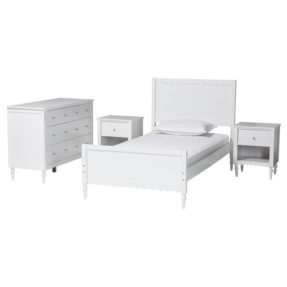 Roni Modern White Scalloped Wood 4-Piece Twin Bedroom Set with Two Nightstands