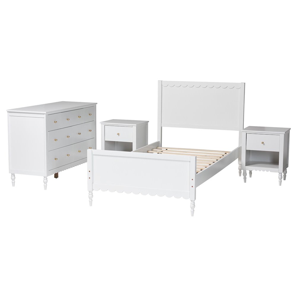 Roni Modern White Scalloped Wood 4-Piece Twin Bedroom Set with Two Nightstands