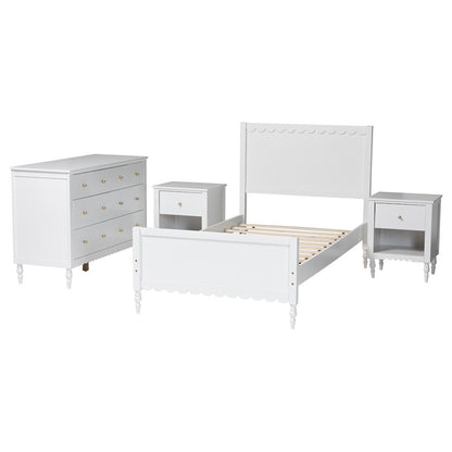 Roni Modern White Scalloped Wood 4-Piece Twin Bedroom Set with Two Nightstands
