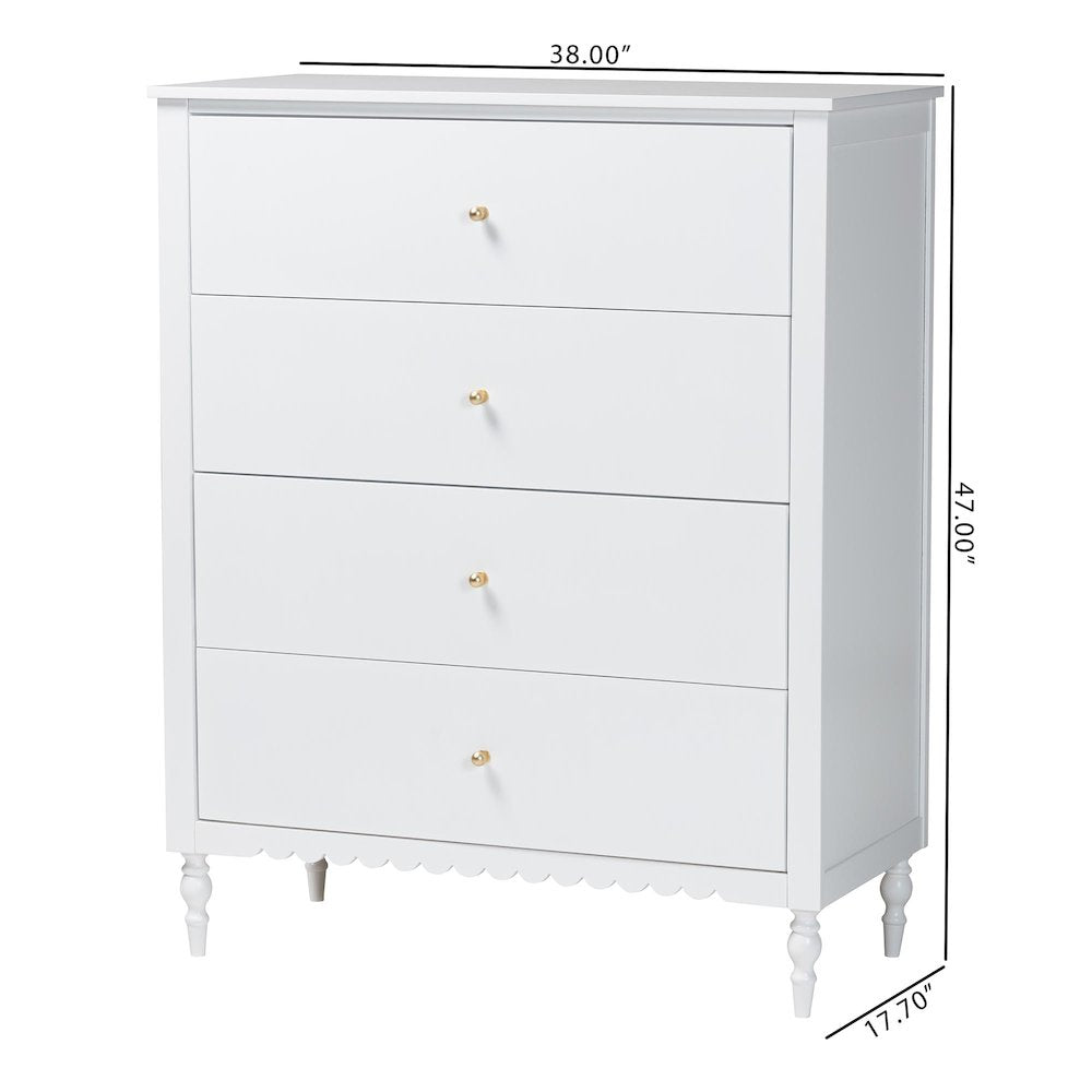 Roni Modern White Wood 4-Drawer Chest with Scalloped Edges