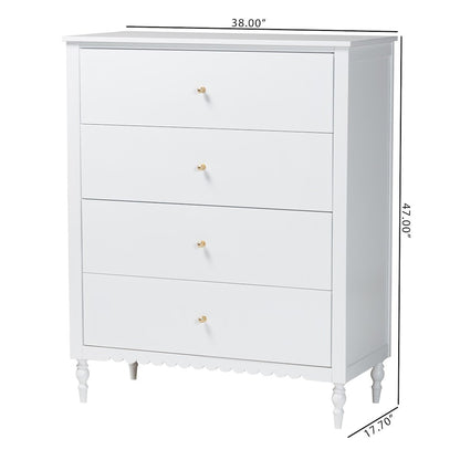 Roni Modern White Wood 4-Drawer Chest with Scalloped Edges
