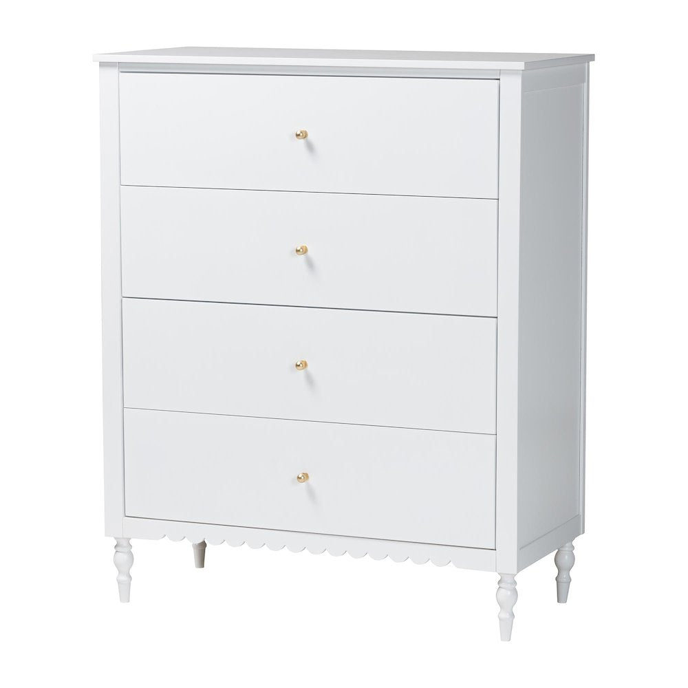 Roni Modern White Wood 4-Drawer Chest with Scalloped Edges