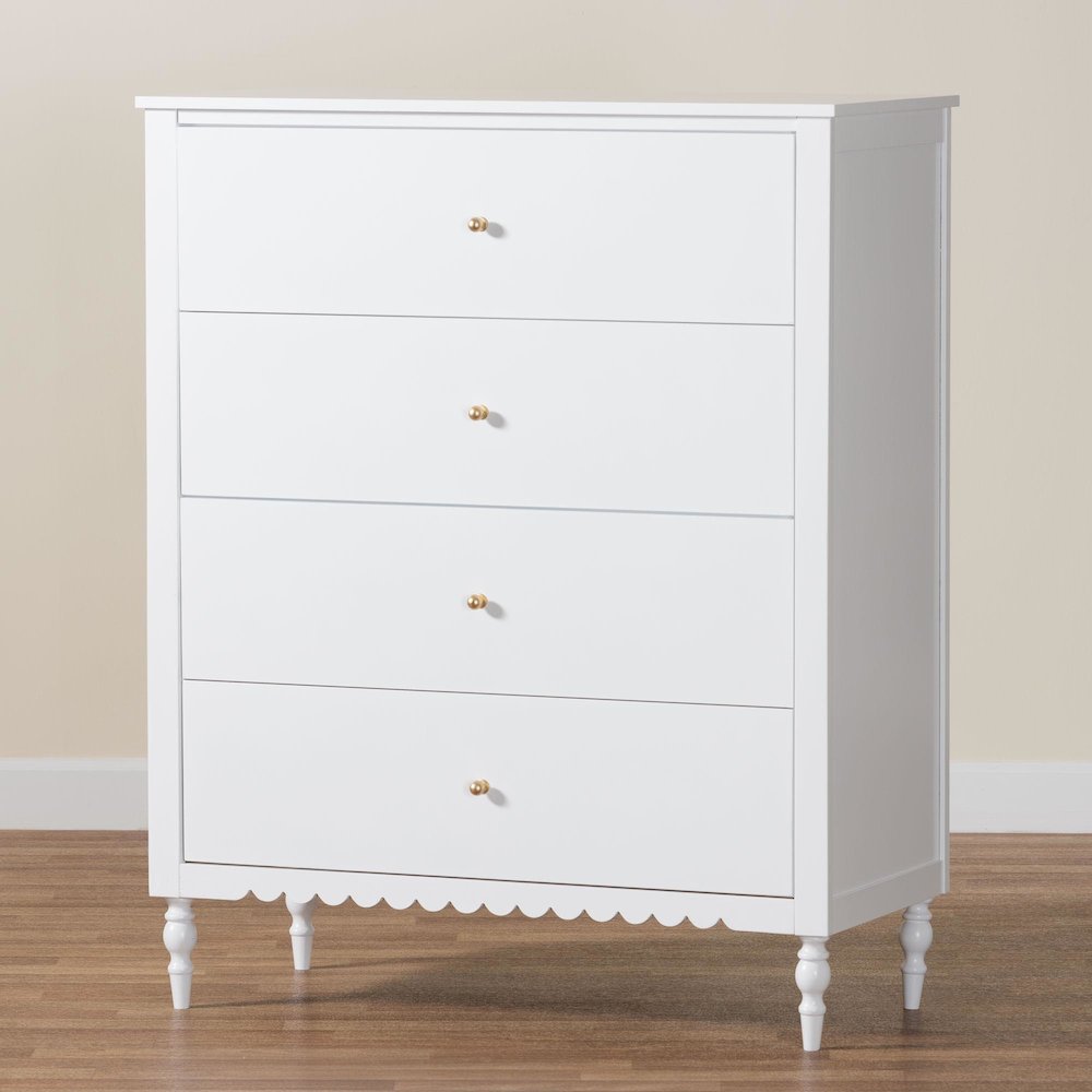 Roni Modern White Wood 4-Drawer Chest with Scalloped Edges