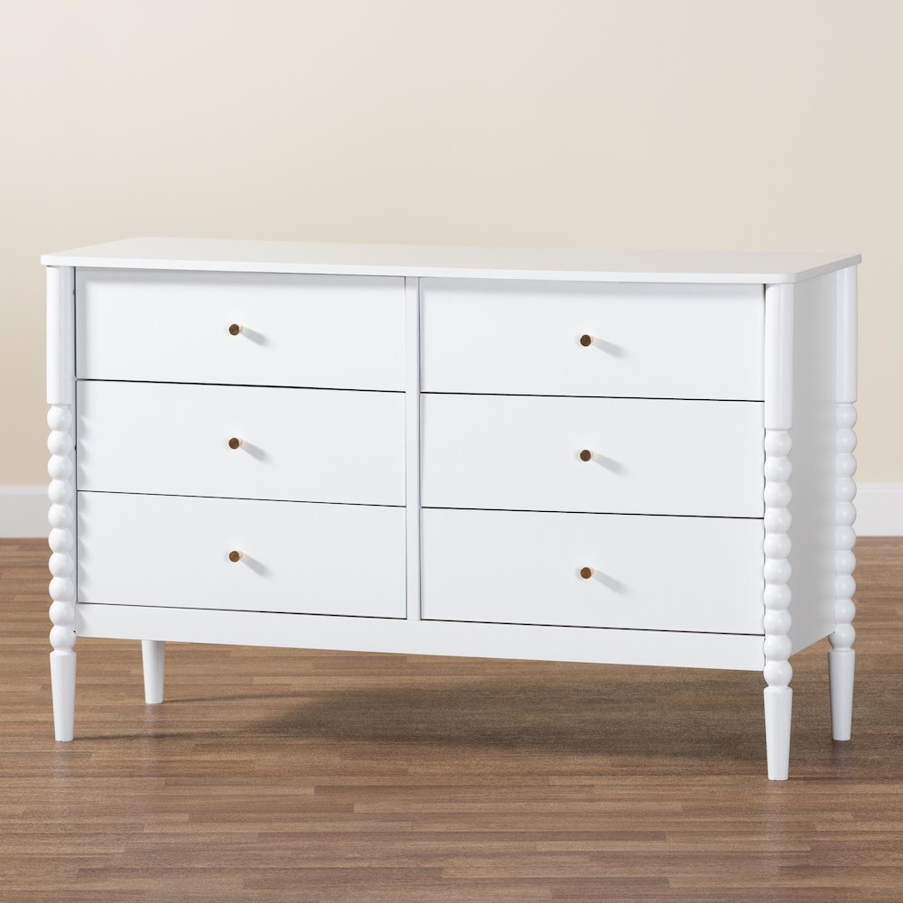 Lucera Mid-Century White Bobbin Wood 6-Drawer Dresser