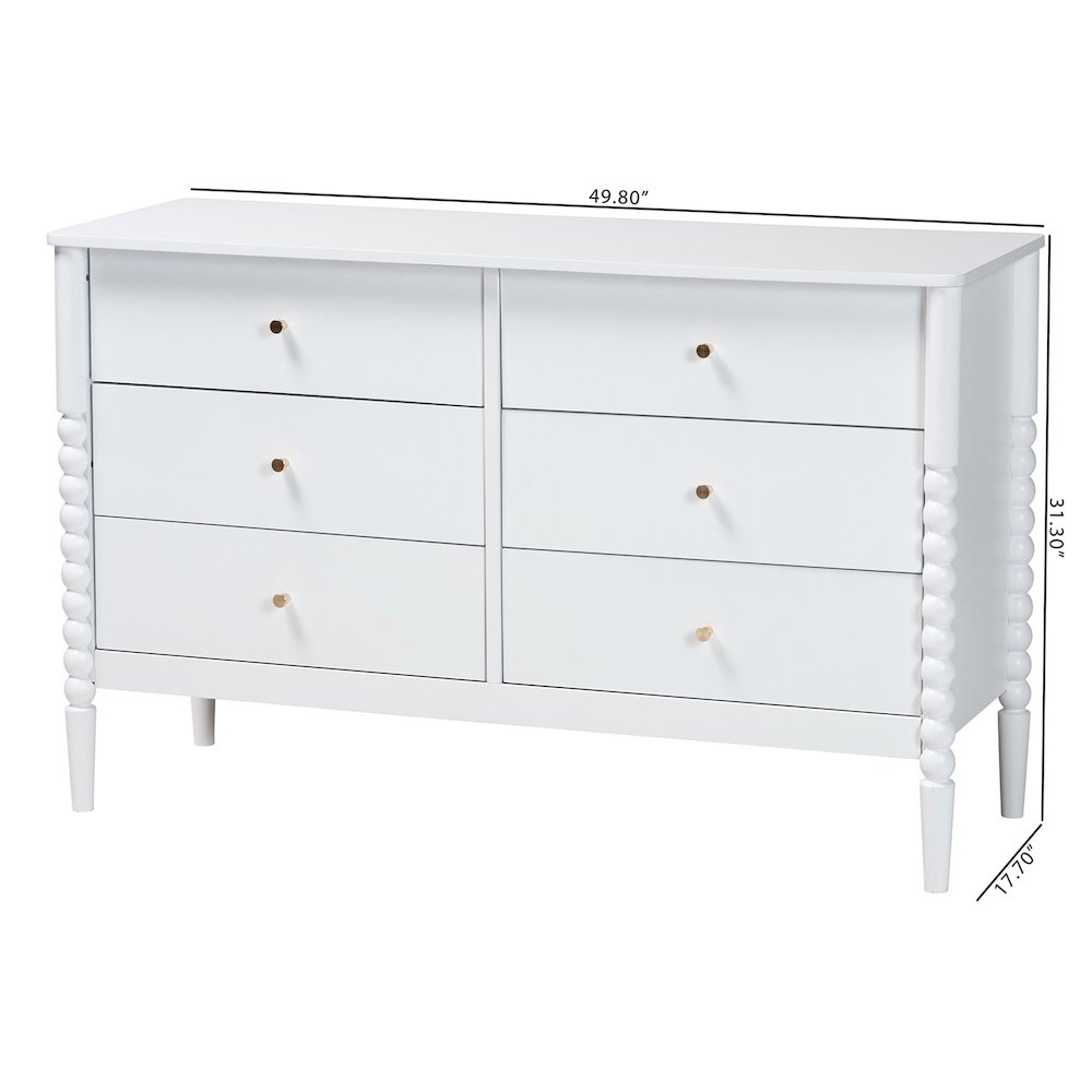 Lucera Mid-Century White Bobbin Wood 6-Drawer Dresser