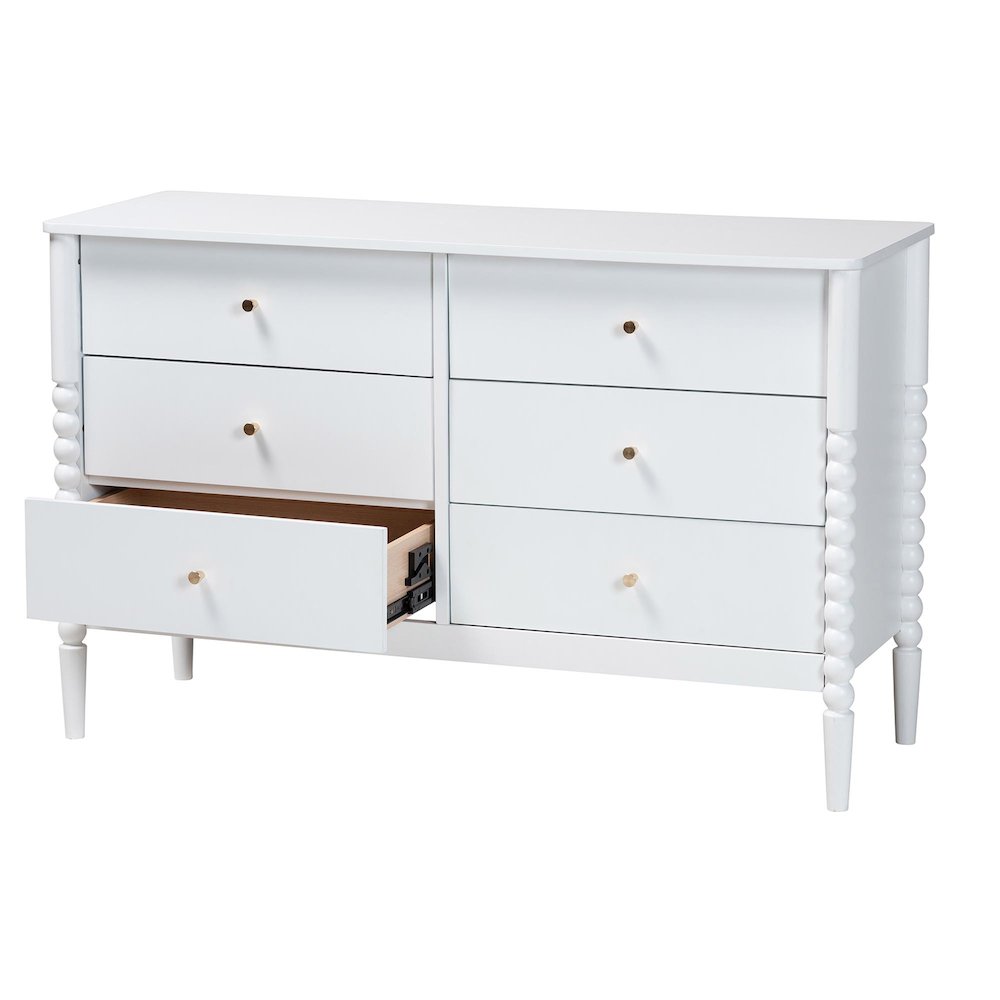 Lucera Mid-Century White Bobbin Wood 6-Drawer Dresser