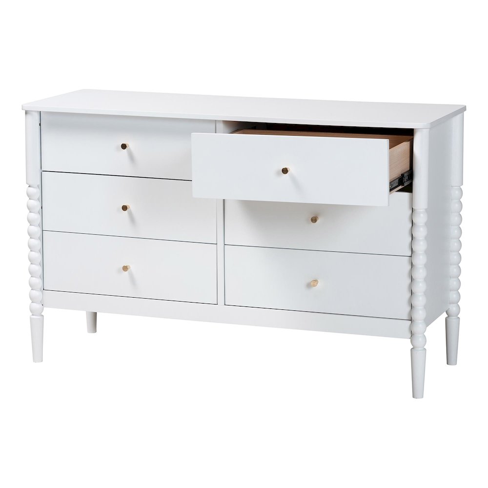 Lucera Mid-Century White Bobbin Wood 6-Drawer Dresser