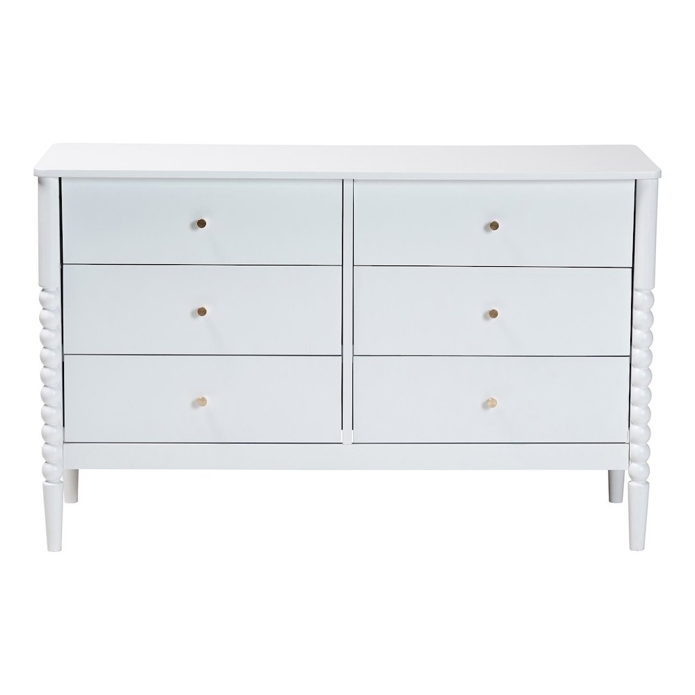 Lucera Mid-Century White Bobbin Wood 6-Drawer Dresser