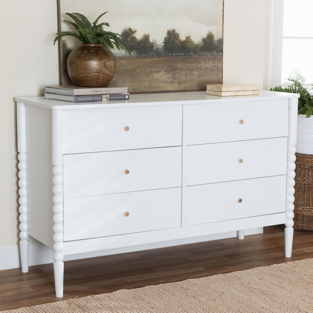 Lucera Mid-Century White Bobbin Wood 6-Drawer Dresser