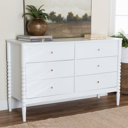 Lucera Mid-Century White Bobbin Wood 6-Drawer Dresser