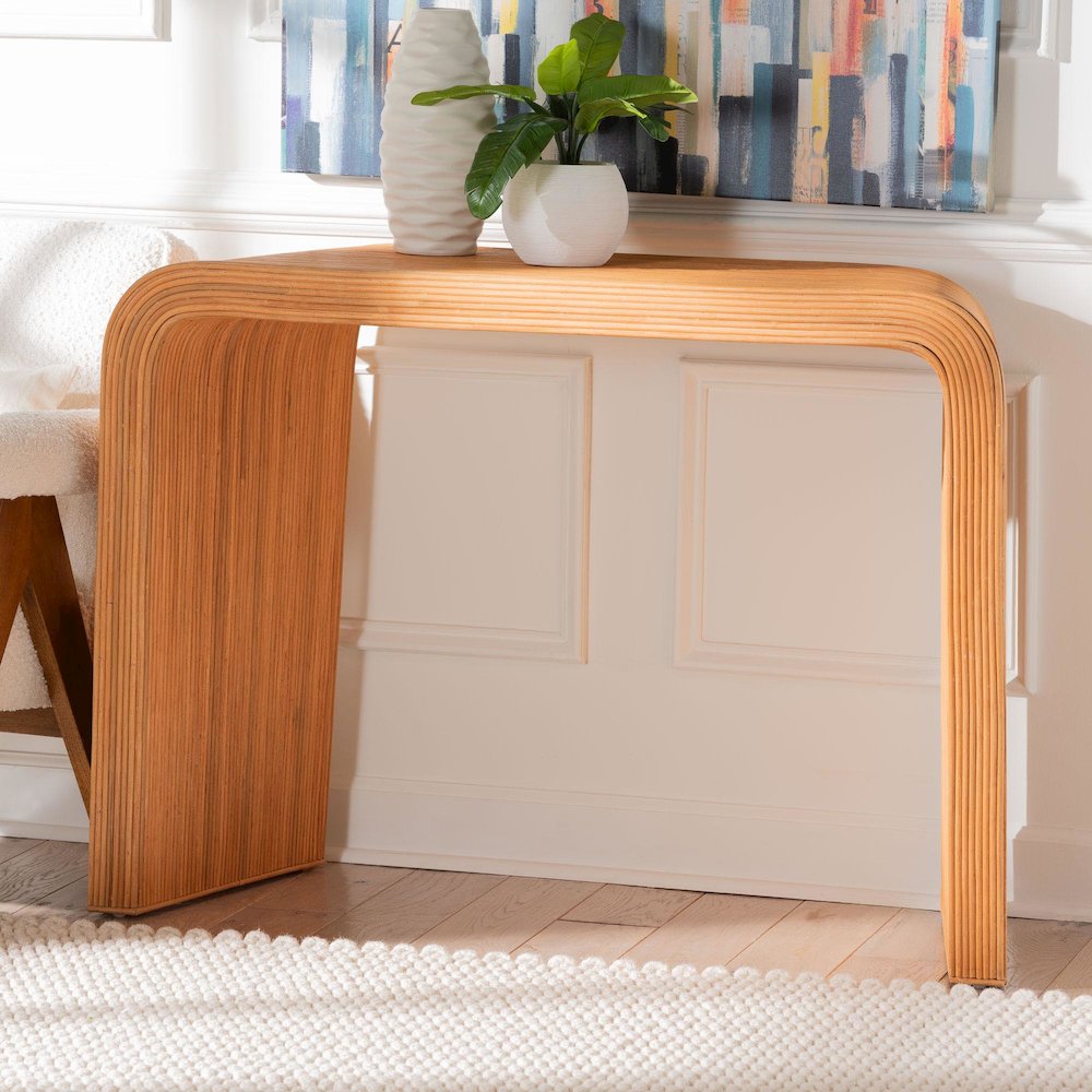 Eilis Bohemian Light Honey Fluted Rattan Waterfall Console Table