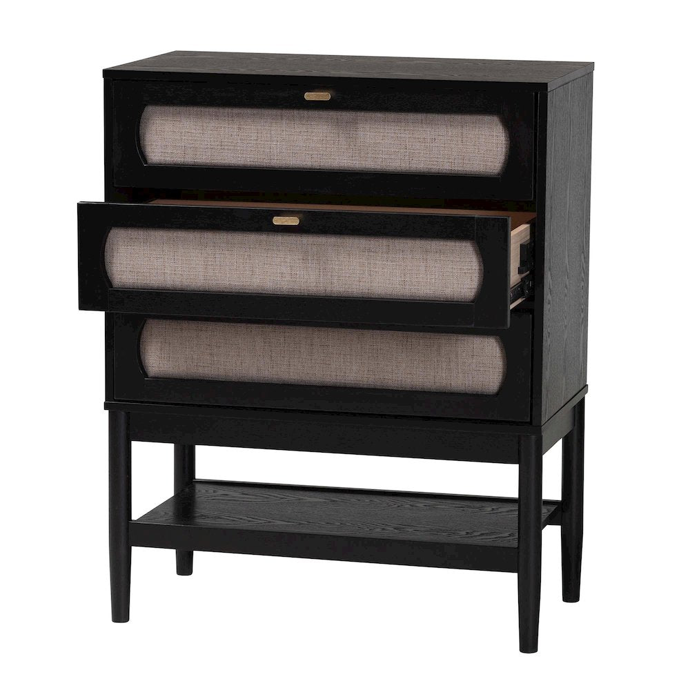 Shirin Mid-Century Beige Fabric and Black Wood 3-Drawer Chest