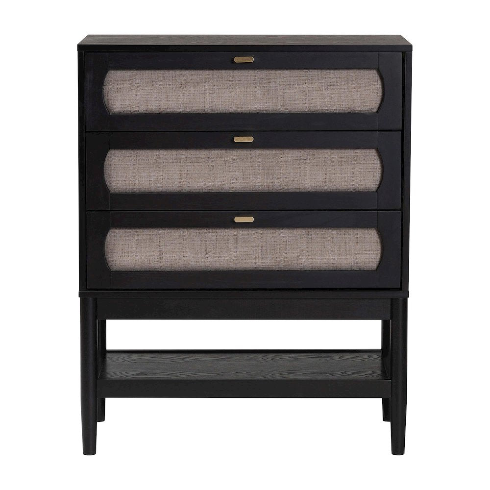 Shirin Mid-Century Beige Fabric and Black Wood 3-Drawer Chest