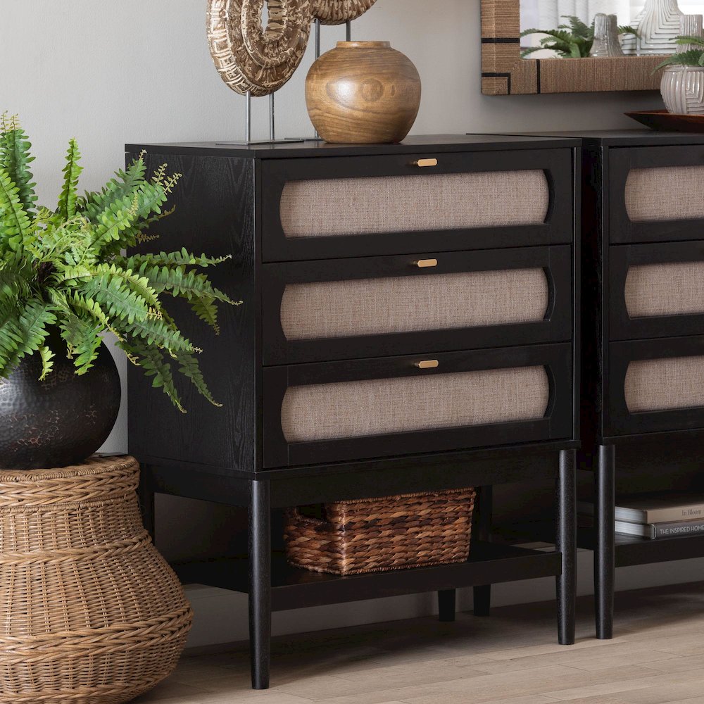 Shirin Mid-Century Beige Fabric and Black Wood 3-Drawer Chest