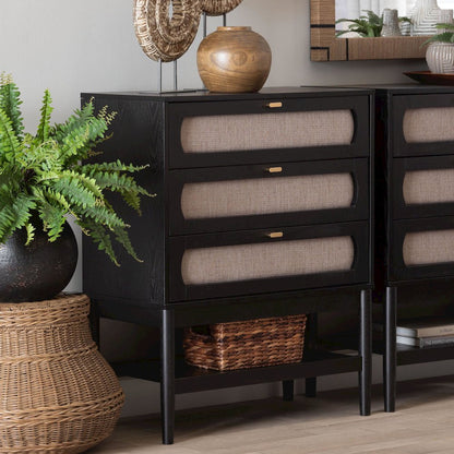 Shirin Mid-Century Beige Fabric and Black Wood 3-Drawer Chest