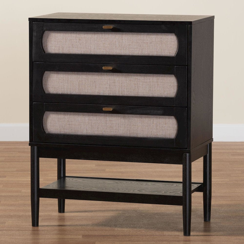 Shirin Mid-Century Beige Fabric and Black Wood 3-Drawer Chest