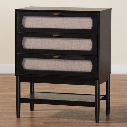 Shirin Mid-Century Beige Fabric and Black Wood 3-Drawer Chest