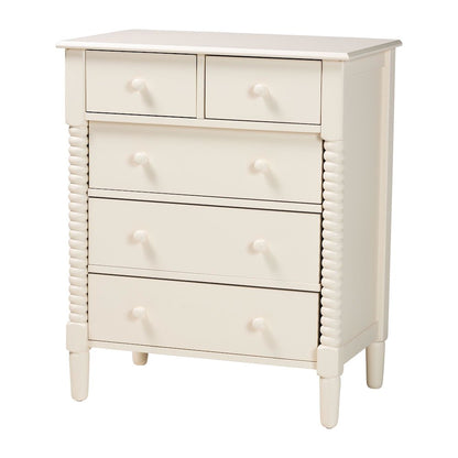 Braith Farmhouse Ivory Spindle Wood 5-Drawer Chest