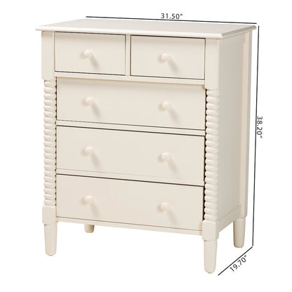 Braith Farmhouse Ivory Spindle Wood 5-Drawer Chest