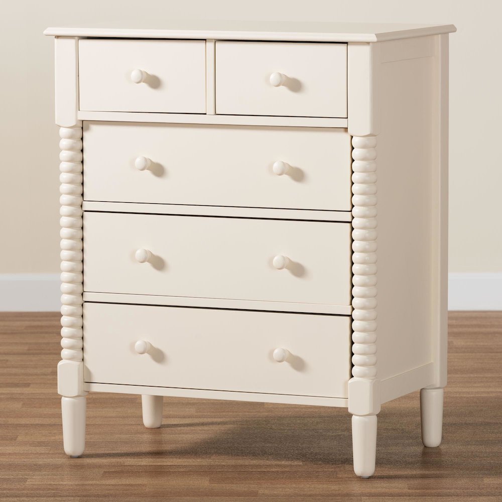 Braith Farmhouse Ivory Spindle Wood 5-Drawer Chest