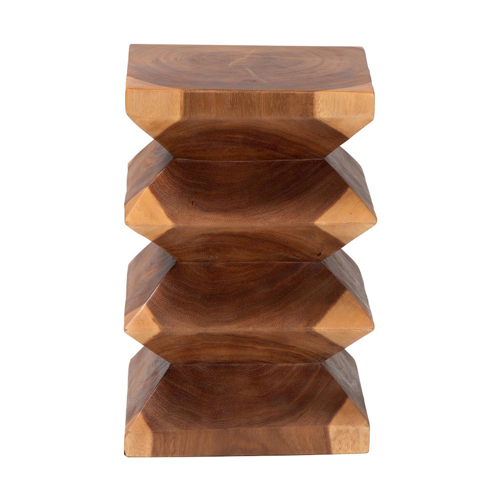 Solid Suar Wood Side Table - Hand-Carved Sculptural End Table with Zigzag Design
