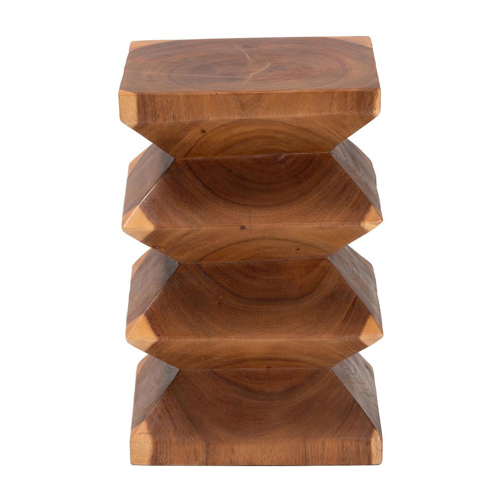 Solid Suar Wood Side Table - Hand-Carved Sculptural End Table with Zigzag Design