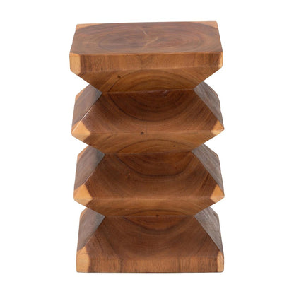 Solid Suar Wood Side Table - Hand-Carved Sculptural End Table with Zigzag Design