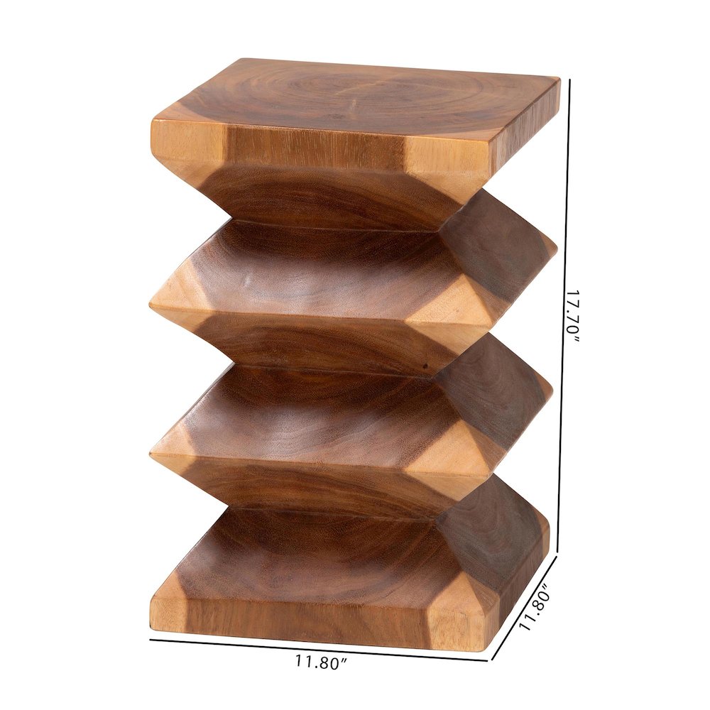 Solid Suar Wood Side Table - Hand-Carved Sculptural End Table with Zigzag Design