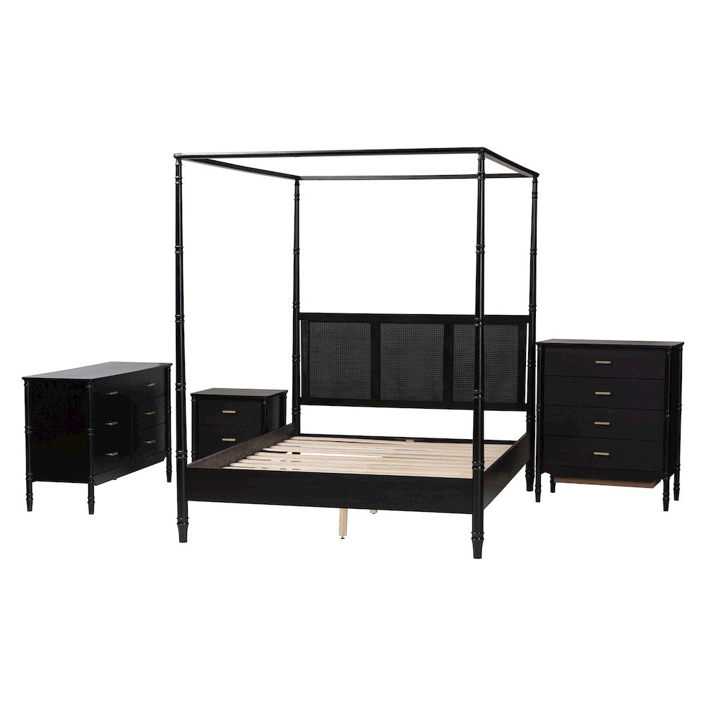 4-Piece Black Bedroom Set - Canopy Bed, Matching Dresser, Chest, and Nightstand