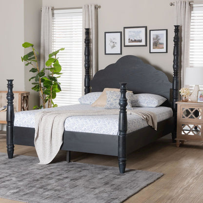 Four-Poster Platform Bed - Sculpted Post Bed Frame, Black, Queen