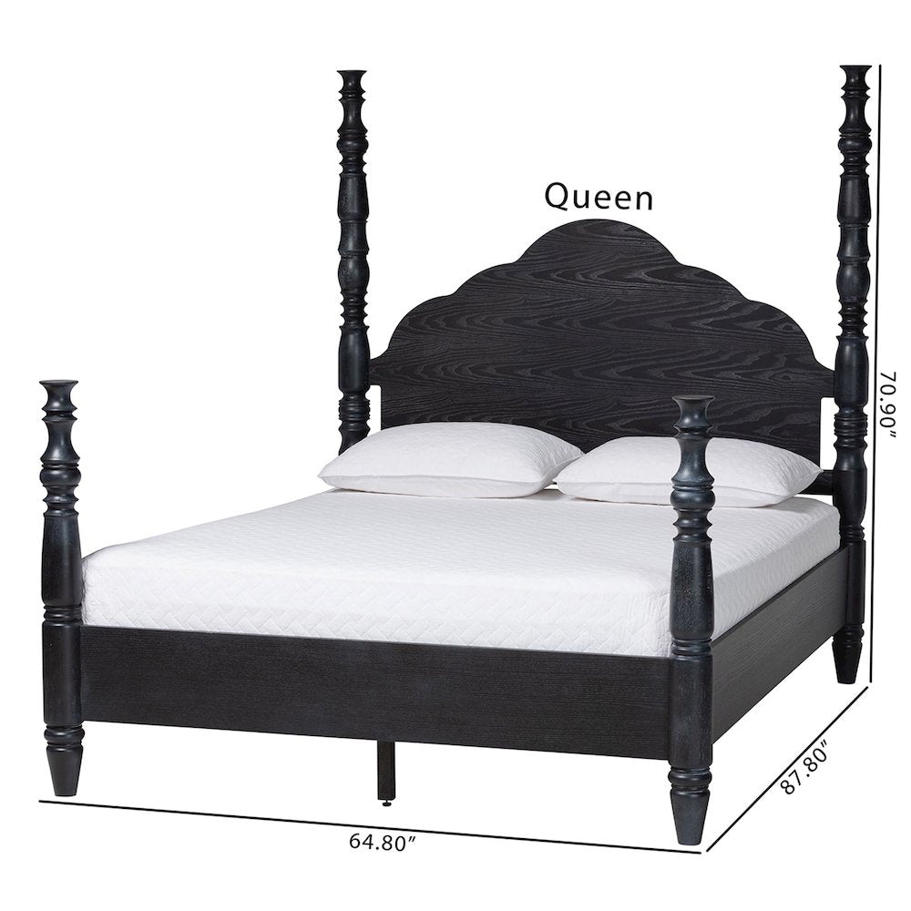 Four-Poster Platform Bed - Sculpted Post Bed Frame, Black, Queen