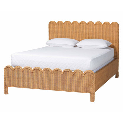 Scalloped Rattan Bed Frame - Handwoven Wicker Headboard and Footboard, Queen