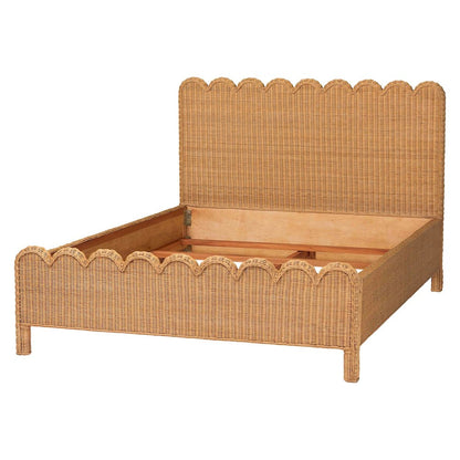 Scalloped Rattan Bed Frame - Handwoven Wicker Headboard and Footboard, Queen