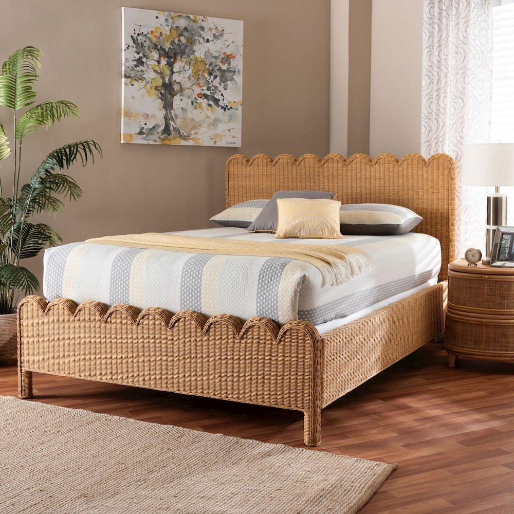 Scalloped Rattan Bed Frame - Handwoven Wicker Headboard and Footboard, Queen