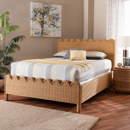 Scalloped Rattan Bed Frame - Handwoven Wicker Headboard and Footboard, Queen