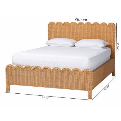 Scalloped Rattan Bed Frame - Handwoven Wicker Headboard and Footboard, Queen