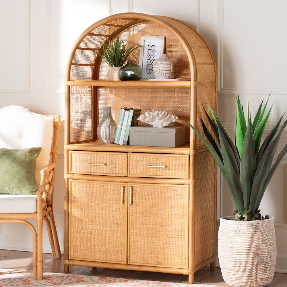 Mairen Arched Natural Rattan Storage Cabinet -  Handwoven Pole Rattan Hutch