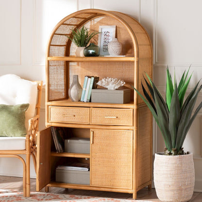 Mairen Arched Natural Rattan Storage Cabinet -  Handwoven Pole Rattan Hutch