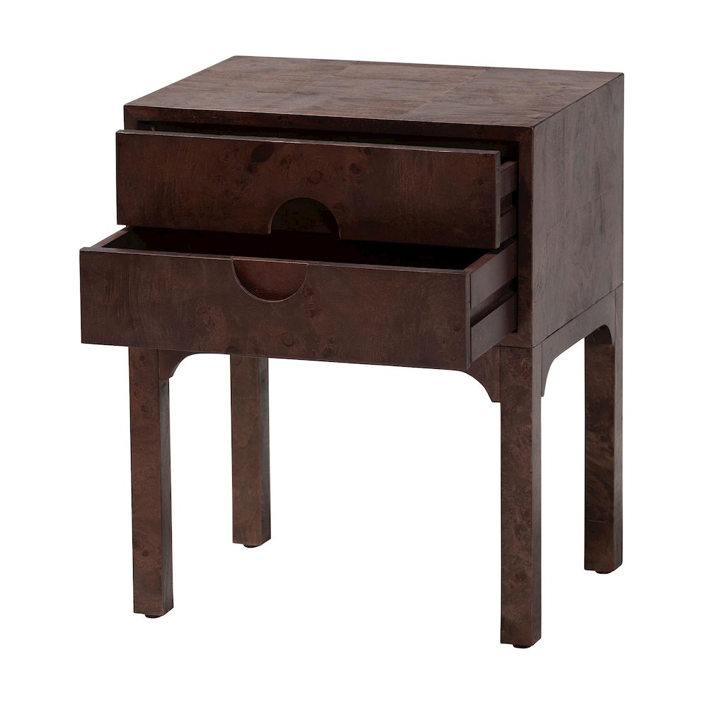 Kayla Real Burl Wood Nightstand in Dark Walnut Brown - Modern Bedside Table